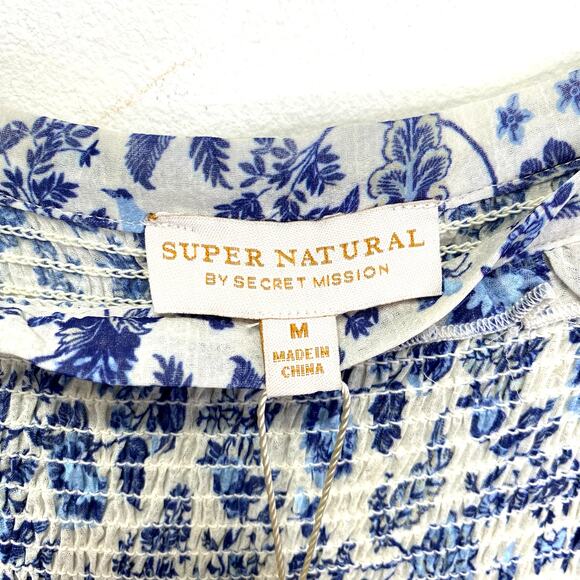 Super Natural Secret Mission Floral Chiffon Smocked Greenport Dress Blue Sz M - Picture 3 of 13